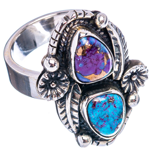Sterling silver adjustable ring with oval purple and turquoise stone settings