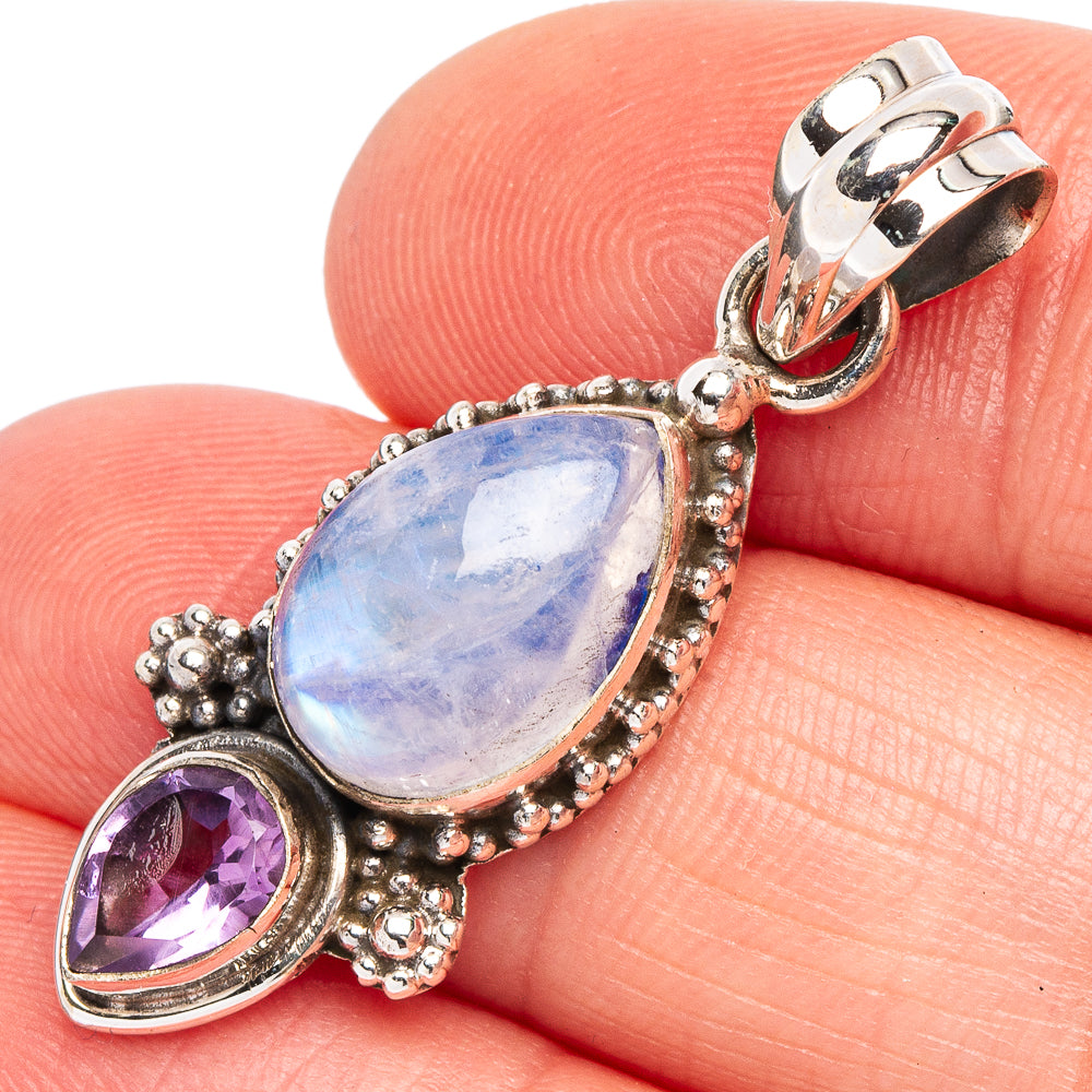 Rainbow Moonstone, Amethyst Pendant 1 1/2" (925 Sterling Silver) P44944