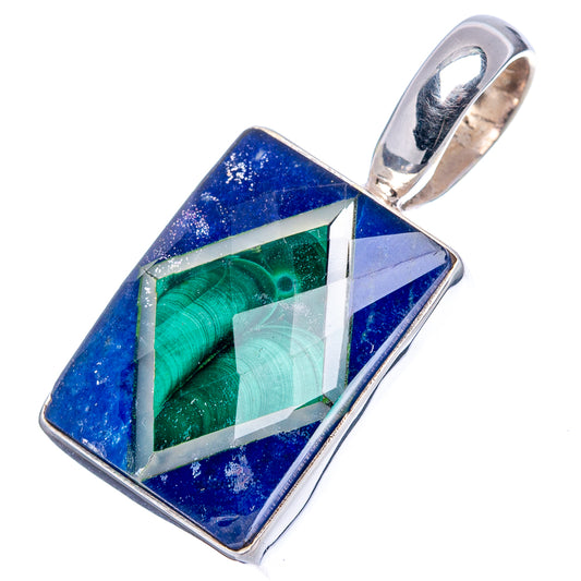 Rectangular gemstone pendant angled view, blue and green stone, .925 sterling silver