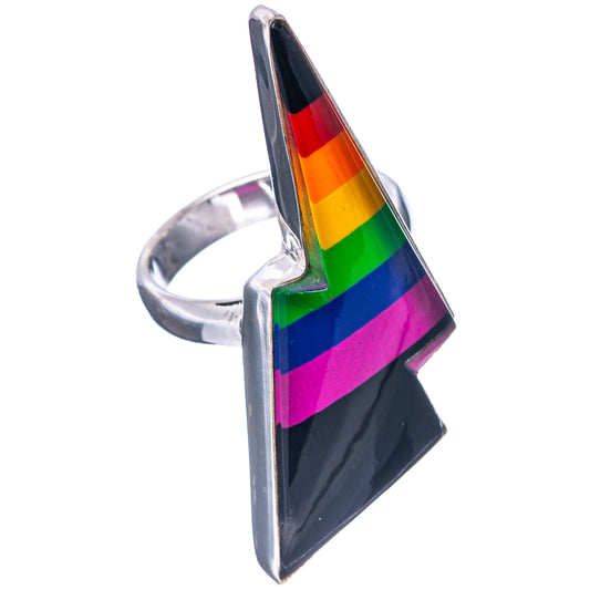 Rainbow bolt ring, .925 sterling silver band with rainbow stripe cabochon