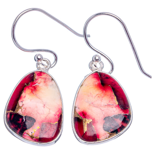Sterling silver teardrop earrings with red, pink, and white marbled stone; fishhooks
