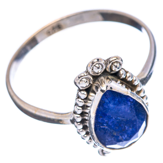 Sterling silver ring with oval blue sillimanite stone and raised bead side details, size 7
