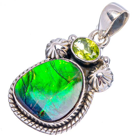 Sterling silver heart ammolite pendant with green-blue center and peridot green top stone