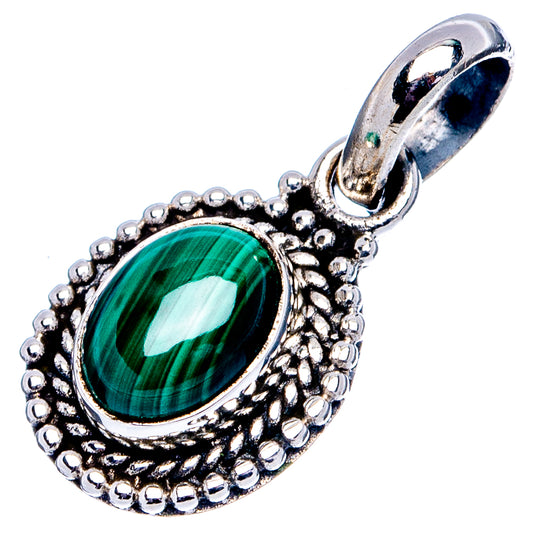 Sterling silver malachite pendant with oval green stone and decorative teardrop frame