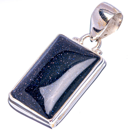 Sterling silver blue goldstone rectangle pendant with halo bezel and hanging bail