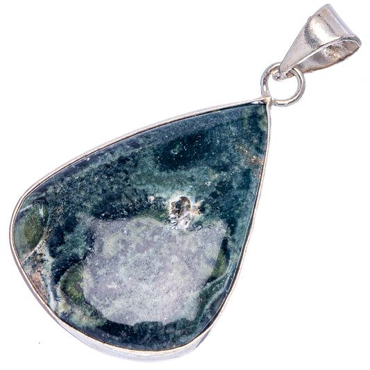Silver-plated teardrop jasper pendant with blue-green galaxy pattern and top bail
