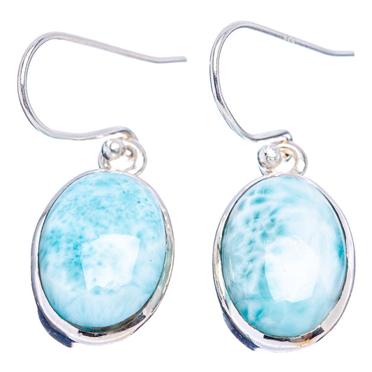 Sterling silver fishhook earrings with oval larimar cabochon, dangle drops