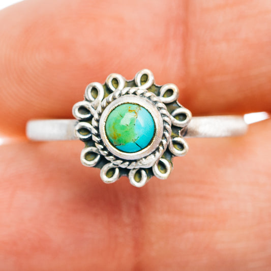 Turquoise inlay sterling silver ring, round cabochon with decorative frame