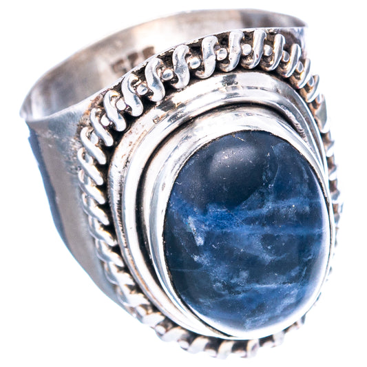 Sterling silver sodalite ring with oval stone, rope-like bezel and textured band