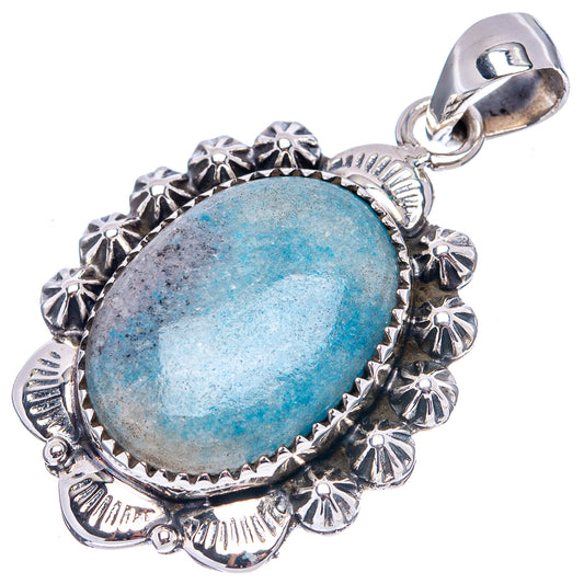 Sterling silver apatite pendant with oval blue gemstone, ornate flower frame and bail