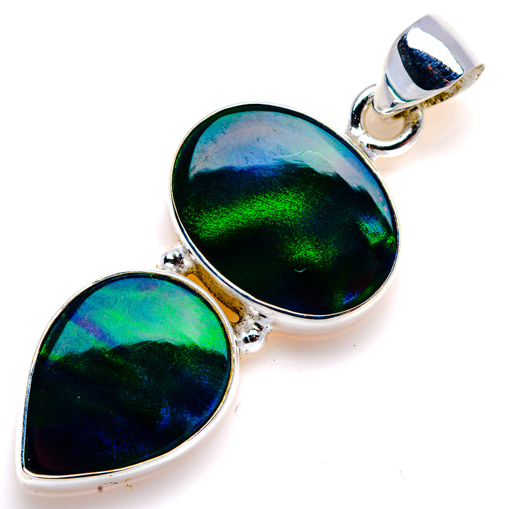 Sterling silver teardrop opal pendant with large center and small side, green-blue iridescent