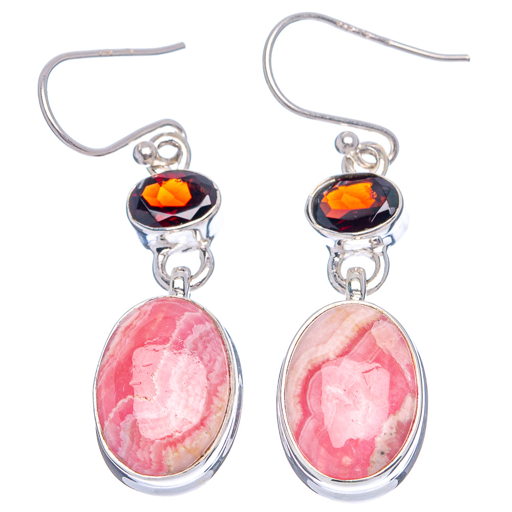 Premium Rhodochrosite, Garnet Earrings 1 5/8" (.925 Sterling Silver)
