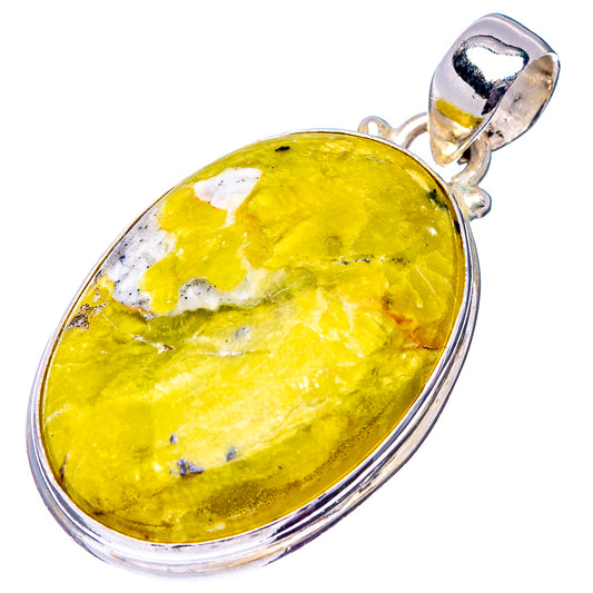 Yellow oval lizardite stone pendant with .925 sterling silver bezel and top bail