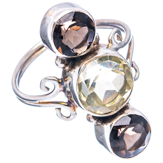 Sterling silver three-stone ring, side view with faceted lemon center and smoky stones