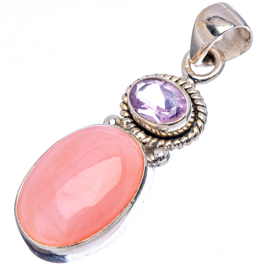 Pink opal and amethyst sterling silver pendant with top bail and oval stone settings