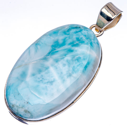 Oval larimar stone pendant with .925 sterling silver rim and loop bail, blue