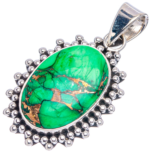 Green turquoise pear-shaped cabochon pendant in .925 sterling silver beaded bezel