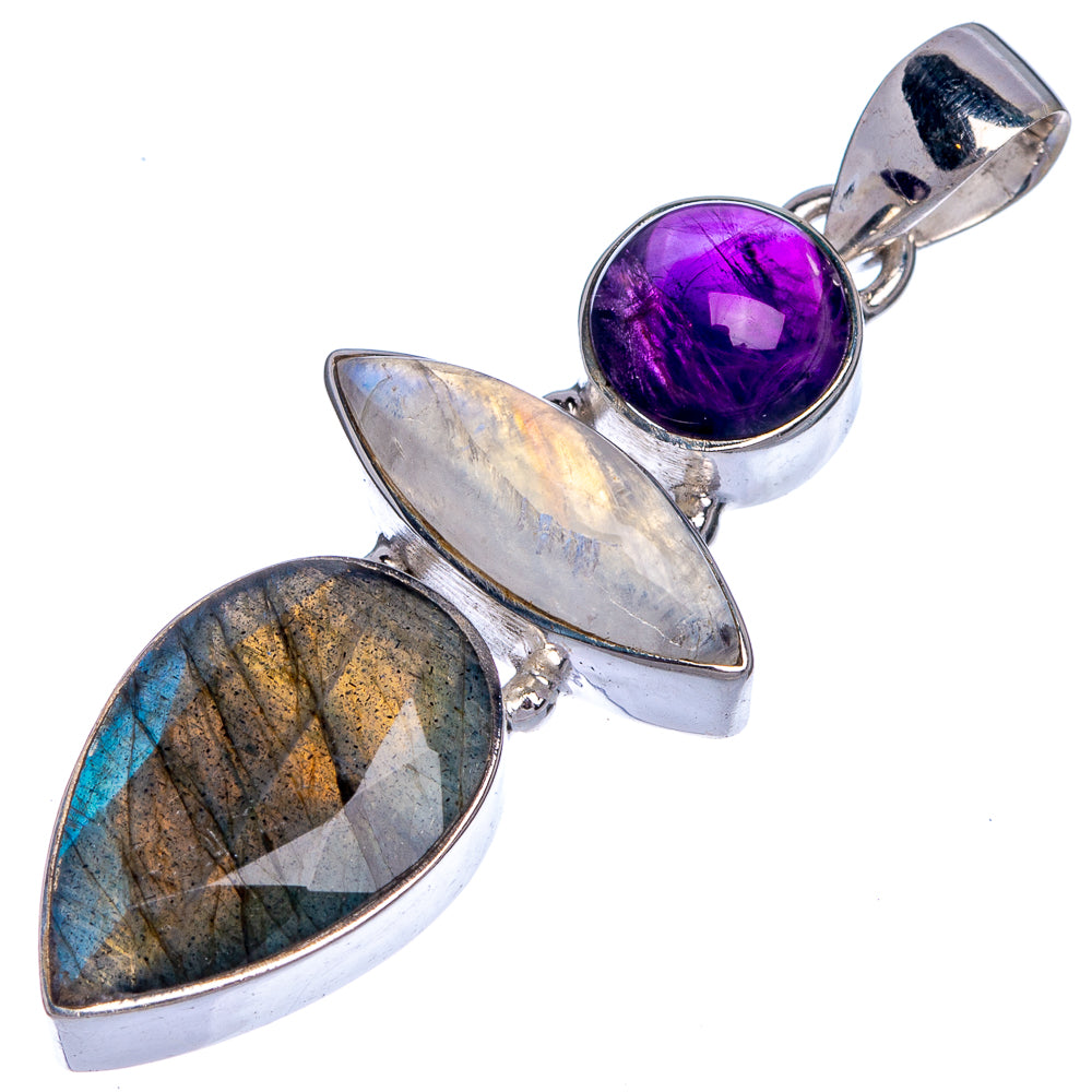 Labradorite, Rainbow Moonstone, Amethyst Pendant 2" (925 Sterling Silver) P39790