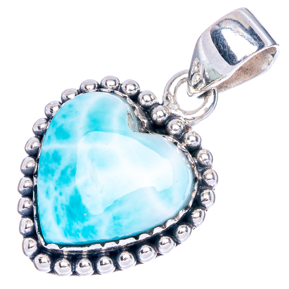Larimar heart pendant with 925 sterling silver frame, beaded edges, blue stone