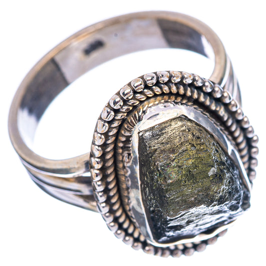 Sterling silver moldavite ring, size 6.75, rough green stone with rope bezel, side view