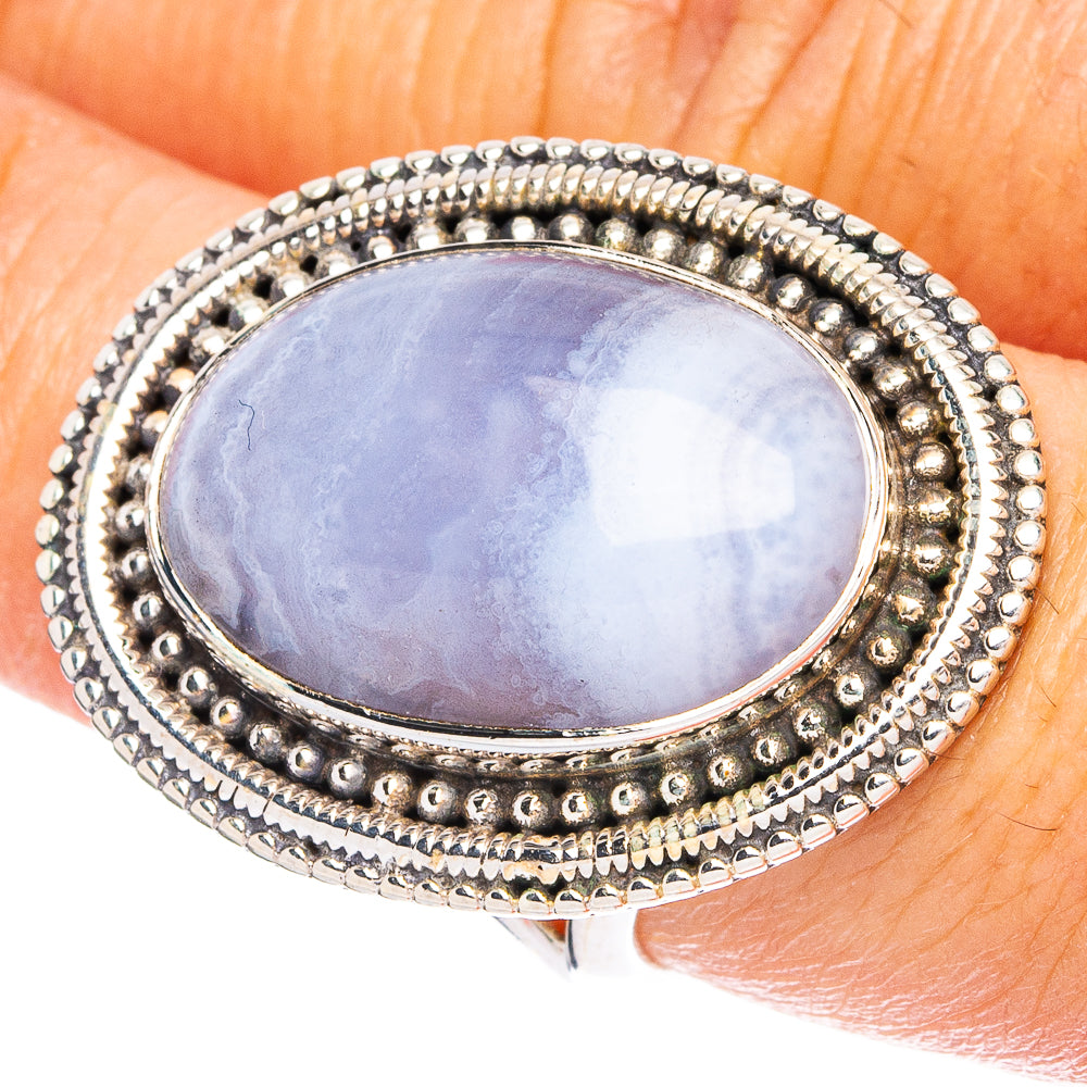 Oval blue lace agate sterling silver ring with beaded double-row bezel