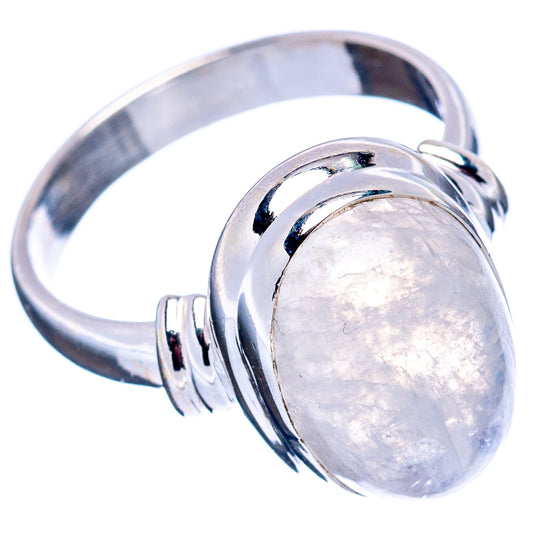 Sterling silver ring showing side view of oval rainbow moonstone cabochon bezel
