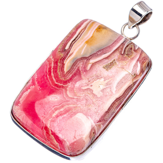 Rectangular rhodochrosite pendant with silver frame, pink banded stone and top loop bail