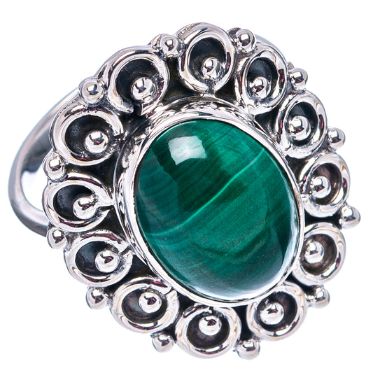 Size 7 sterling silver malachite oval ring with detailed beaded halo