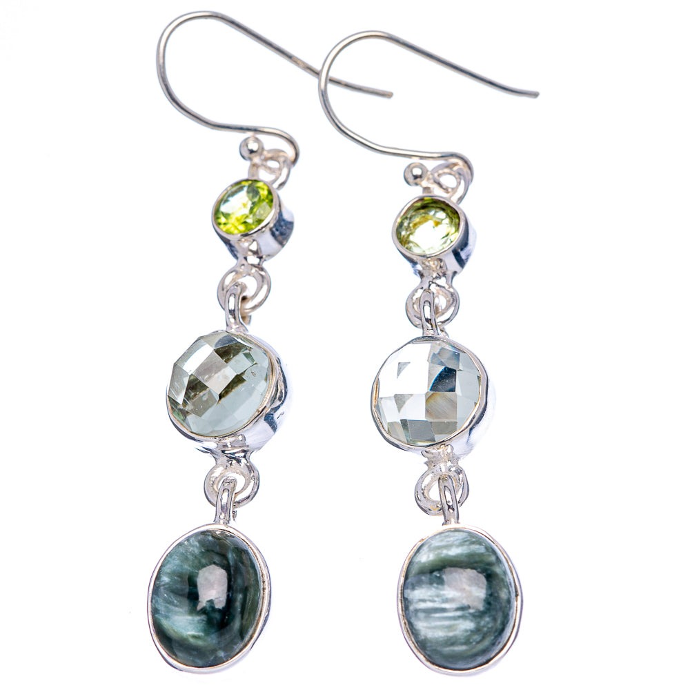 Premium Seraphinite, White Quartz, Peridot Earrings 2 1/8" (.925 Sterling Silver)