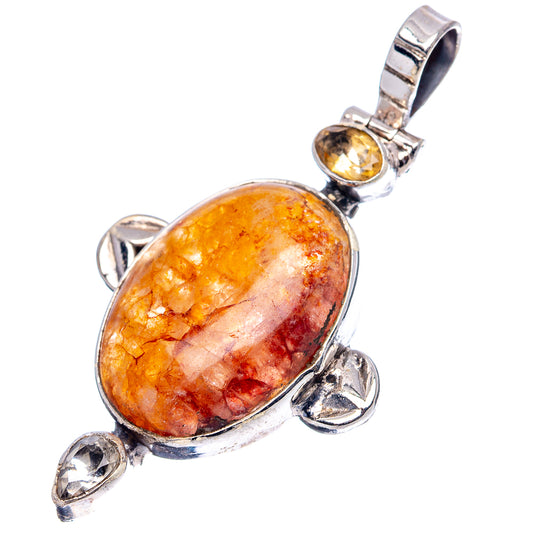 Amber sunstone oval pendant with .925 sterling silver bail and decorative feet accents