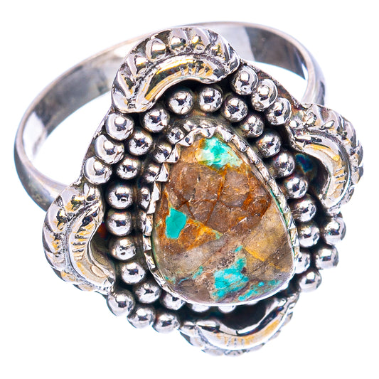 Sterling silver turquoise ring, ornate beaded band with teardrop cabochon and blue-green accents