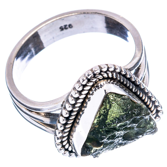 925 sterling silver ring, textured rope setting holding an irregular dark green stone