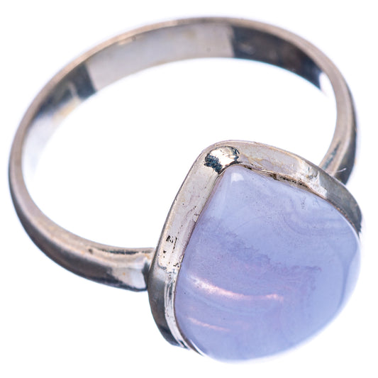 Oval blue lace agate ring with sterling silver band, domed lavender stone top