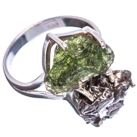 Sterling silver ring with green moldavite and dark meteorite crystal setting