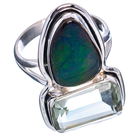 Sterling silver ring with oval green iridescent inlay and clear faceted square stone