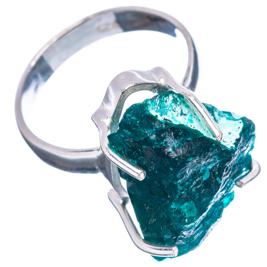 Sterling silver dioptase ring with teal-green crystal center and three prongs, size 7
