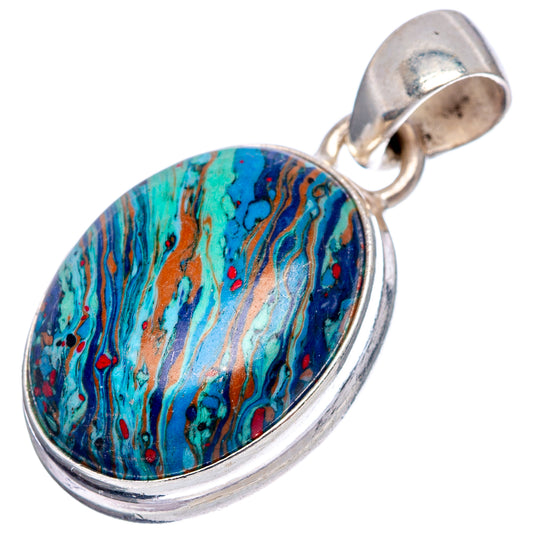 Sterling silver oval pendant bail over rainbow calsilica with blue-green striped pattern