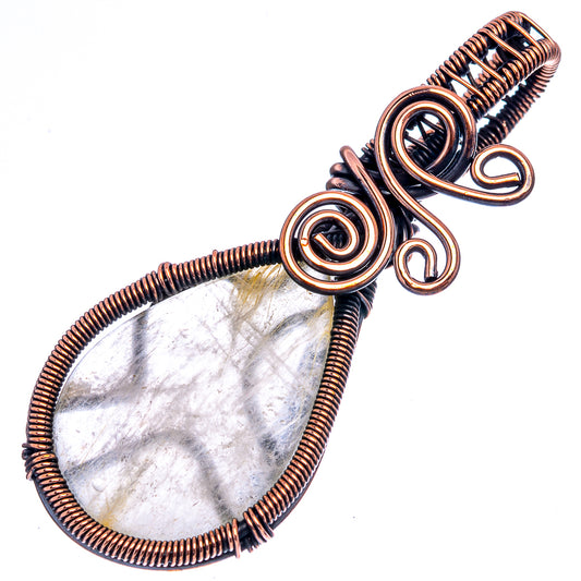 Oxidized copper wire-wrapped rutilated quartz teardrop pendant with spiral accents