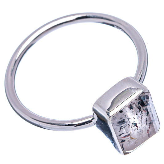 Sterling silver ring with square bezel-set cacoxenite cabochon, side view