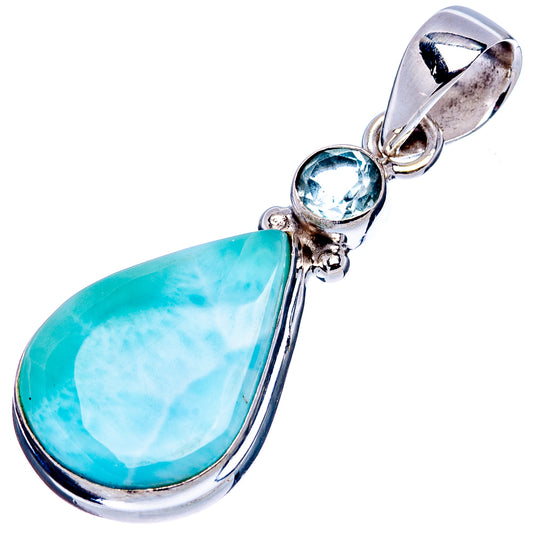 Sterling silver pendant with turquoise larimar teardrop, round blue topaz, loop bail