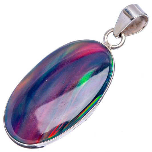 Oval iridescent opal pendant in .925 sterling silver, side view with bail