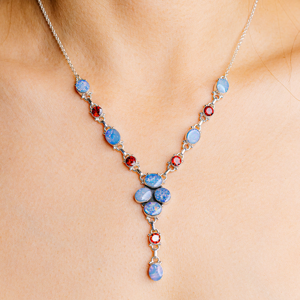 Doublet Opal, Garnet Necklace 18 to 20" (.925 Sterling Silver)