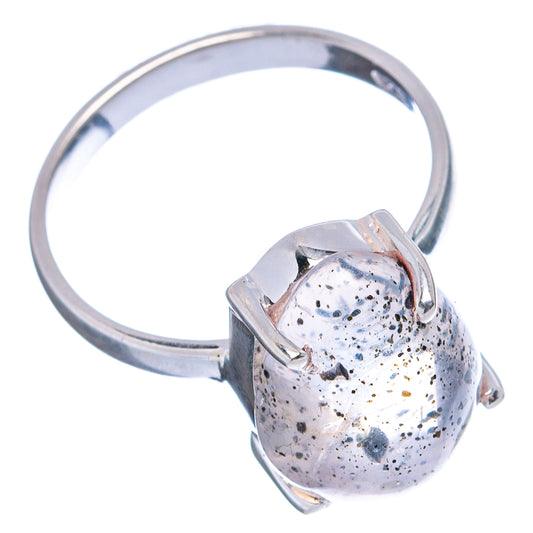 Sterling silver rutilated quartz ring with round dome stone, black speckle dots
