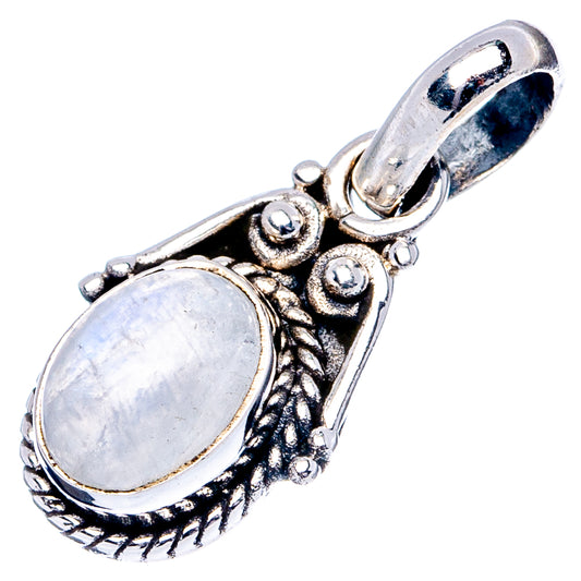 Oval moonstone pendant with ornate antiqued sterling silver bezel and round bail loop