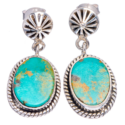 Silver dangle earrings with turquoise oval stone and rosette stud tops