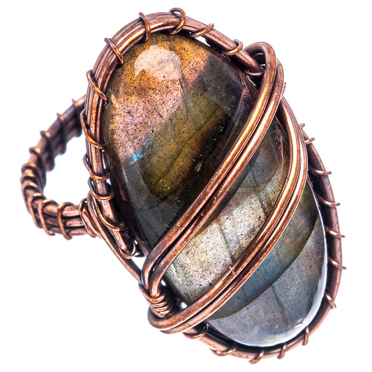 Oxidized copper wire-wrap ring featuring an oval labradorite cabochon