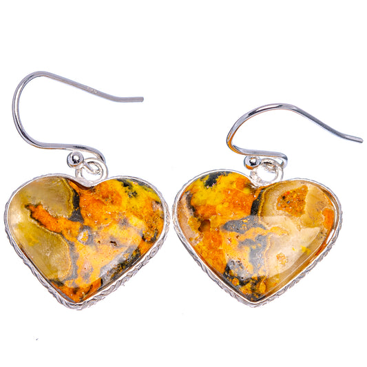 Heart jasper earrings in yellow-orange with dark veining, .925 sterling silver hooks.