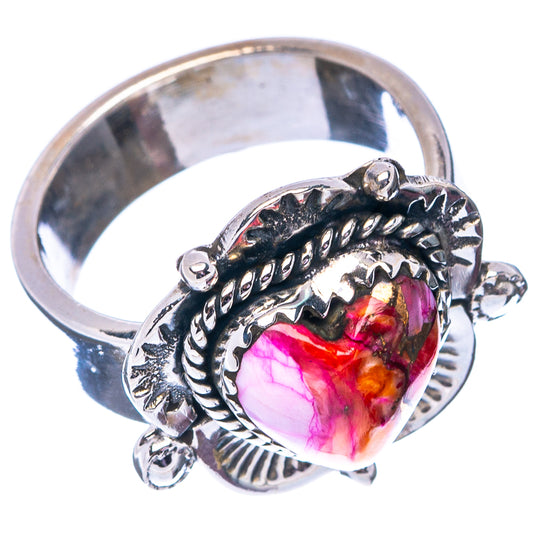 Sterling silver adjustable heart ring with cabochon pink, orange, and black stone