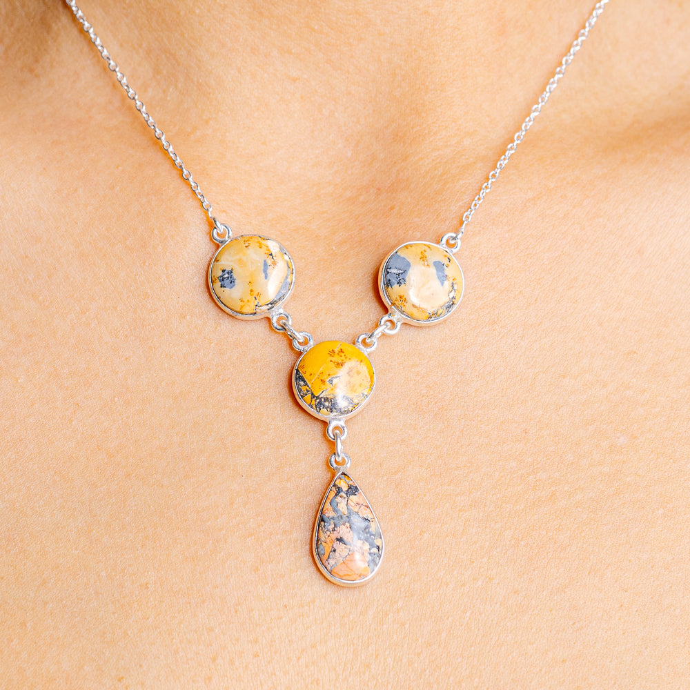 Sterling silver jasper pendant necklace with three blue-and-yellow stone drops