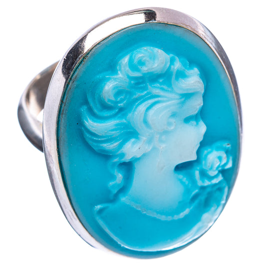 Sterling silver cameo ring, oval blue cameo with white classical profile relief
